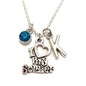 I Love My Soldier Necklace Silver Tone Personalized Initial Birthstone A…